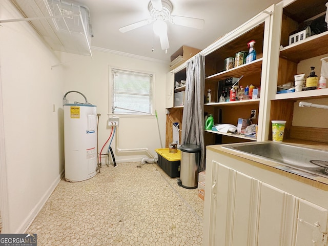 861 Ga Highway 87 N, Cochran, GA 31014 - laundry room featuring a sink, baseboards, ceiling fan, electric water heater, and ornamental molding