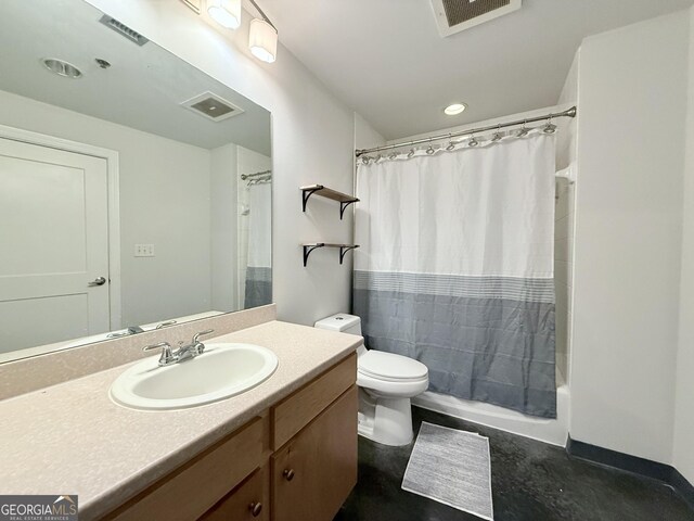 bathroom with shower / bath combination with curtain, toilet, visible vents, and vanity