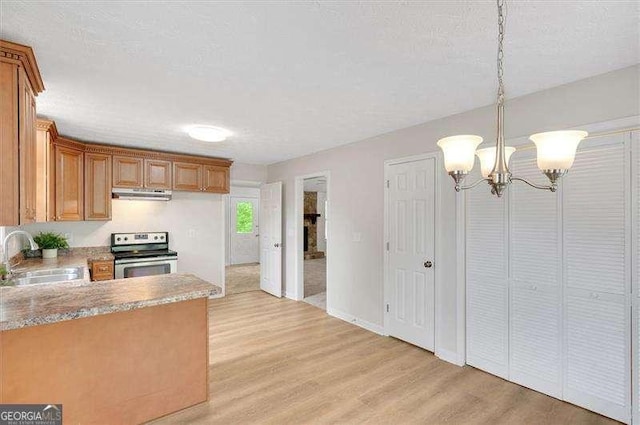 kitchen featuring under cabinet range hood, light wood-type flooring, a sink, and electric range