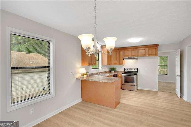 kitchen with light wood finished floors, an inviting chandelier, a peninsula, a sink, and stainless steel electric stove