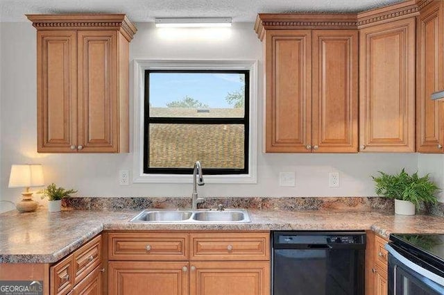 kitchen featuring brown cabinetry, electric stove, a sink, and dishwasher