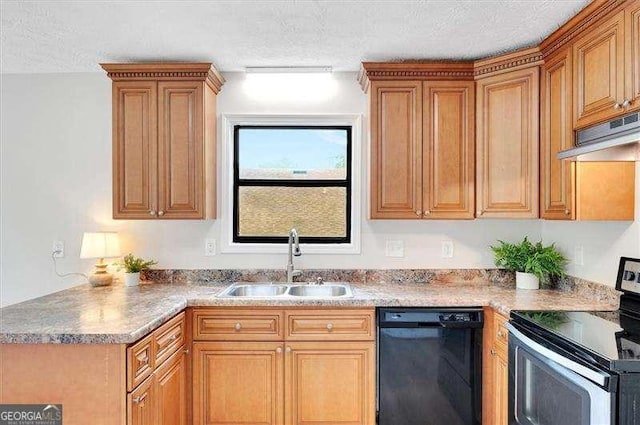 kitchen featuring a textured ceiling, under cabinet range hood, black dishwasher, a sink, and electric range