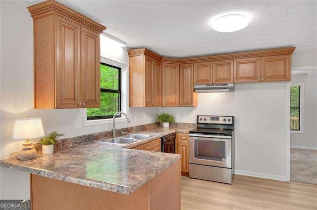 kitchen with under cabinet range hood, brown cabinetry, a sink, a peninsula, and stainless steel range with electric cooktop