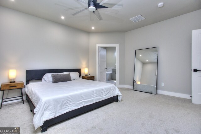 419 Mcinnes Cir SE, Marietta, GA 30060 - bedroom featuring light carpet, recessed lighting, baseboards, ensuite bath, and ceiling fan