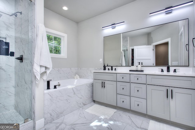 419 Mcinnes Cir SE, Marietta, GA 30060 - full bathroom featuring marble finish flooring, a tile shower, double vanity, a bath, and recessed lighting