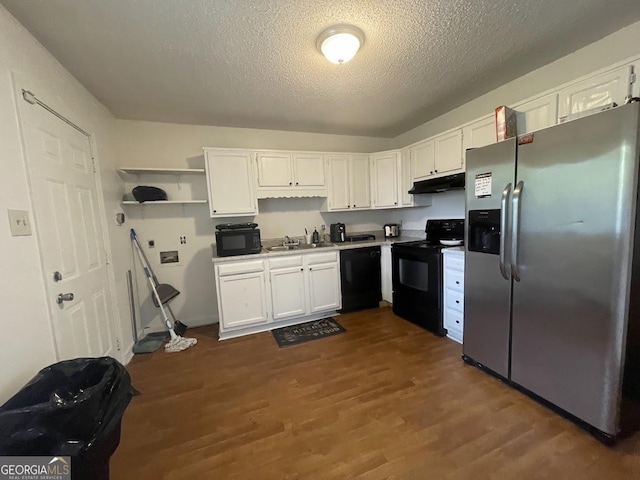 kitchen featuring under cabinet range hood, white cabinets, open shelves, and black appliances