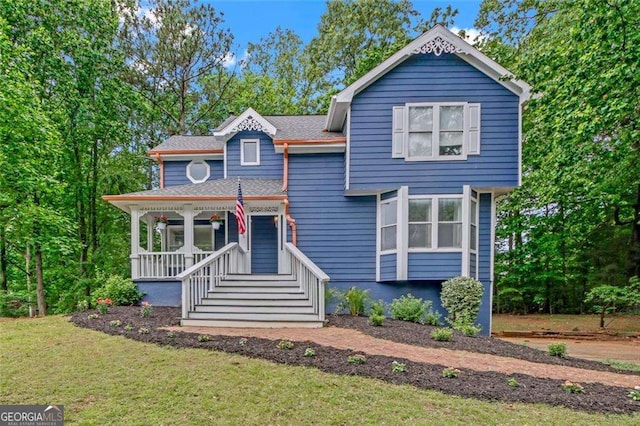 4440 Coventry Ct NE, Roswell, GA 30075 - view of front of home featuring a shingled roof, a porch, and a front yard