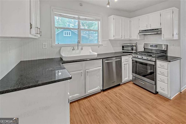 4440 Coventry Ct NE, Roswell, GA 30075 - kitchen featuring under cabinet range hood, light wood finished floors, a sink, stainless steel appliances, and white cabinets