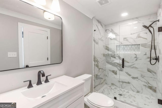 2260 Old Spring Rd SE, Smyrna, GA 30080 - bathroom with a marble finish shower, vanity, and recessed lighting
