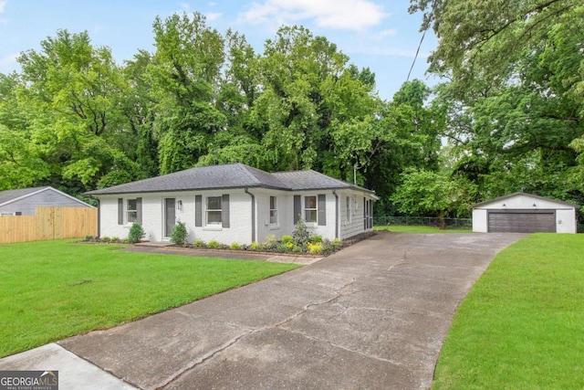 2260 Old Spring Rd SE, Smyrna, GA 30080 - ranch-style house with an outbuilding, a detached garage, a shingled roof, and brick siding