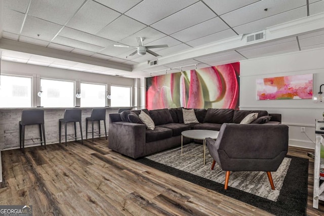 275 13th St NE Unit 605, Atlanta, GA 30309 - living room with ceiling fan, wood finished floors, and a paneled ceiling