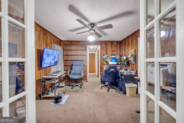 627 N Hulin Ave, Tignall, GA 30668 - carpeted home office featuring wooden walls and ceiling fan