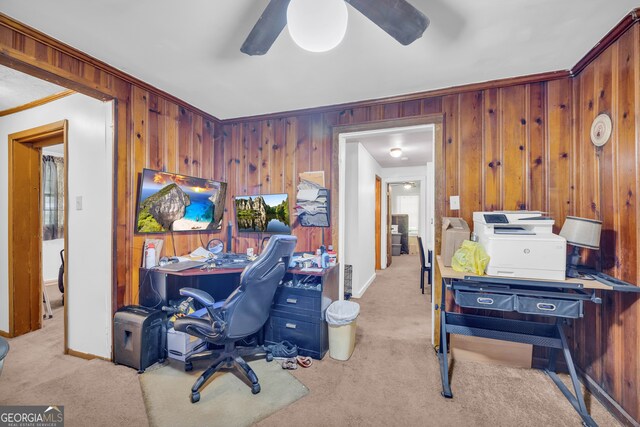 627 N Hulin Ave, Tignall, GA 30668 - office area featuring a ceiling fan, crown molding, baseboards, light colored carpet, and wooden walls
