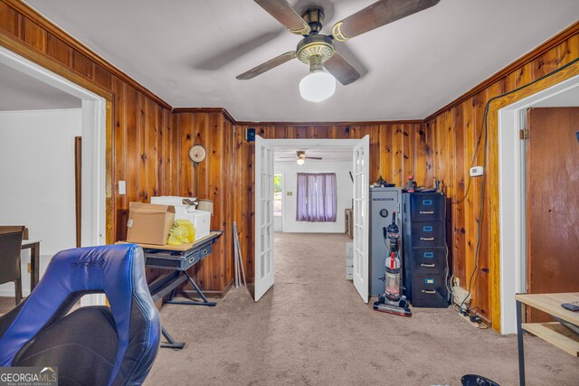 627 N Hulin Ave, Tignall, GA 30668 - carpeted office featuring wooden walls, crown molding, and ceiling fan