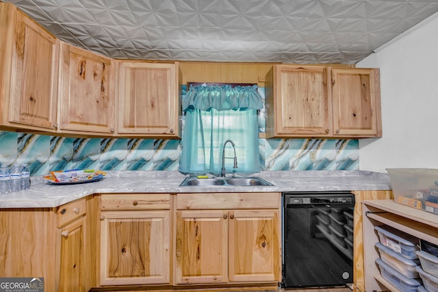 627 N Hulin Ave, Tignall, GA 30668 - kitchen featuring an ornate ceiling, light brown cabinetry, black dishwasher, a sink, and light countertops