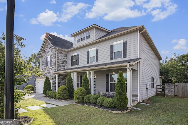 2113 Dodson Woods Dr, Fairburn, GA 30213 - view of front facade with covered porch, stone siding, a garage, fence, and a front yard