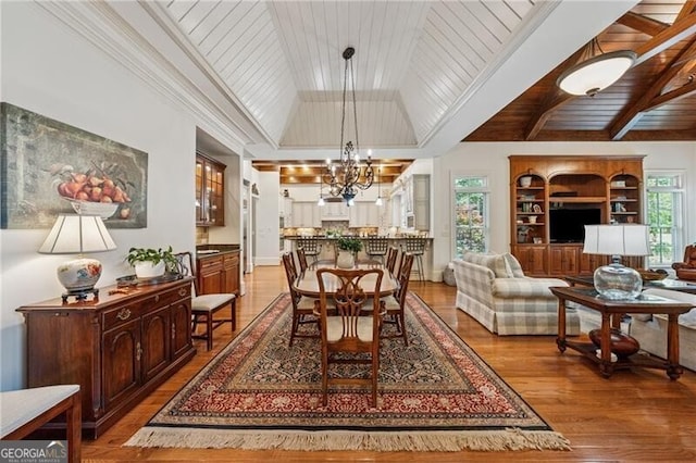 dining space featuring light wood finished floors, wood ceiling, a notable chandelier, built in shelves, and lofted ceiling