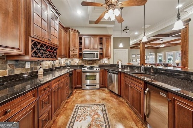kitchen featuring a sink, stainless steel appliances, open shelves, backsplash, and a ceiling fan