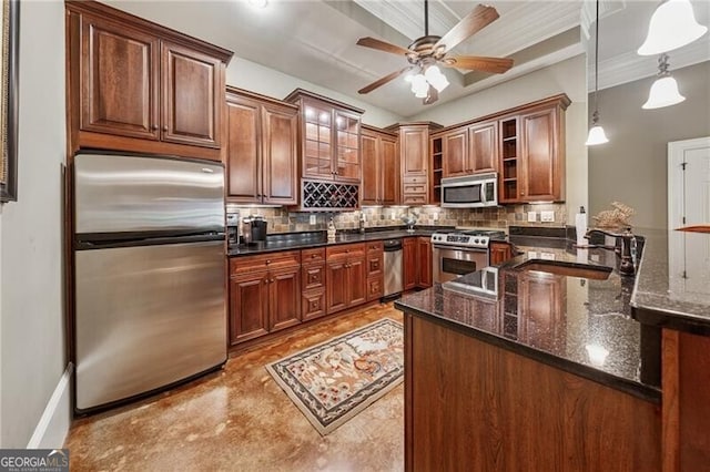 kitchen with a peninsula, a ceiling fan, open shelves, stainless steel appliances, and tasteful backsplash