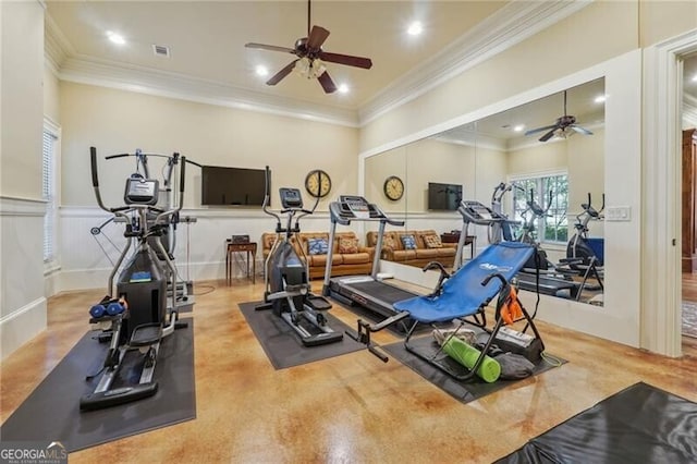 workout area with crown molding, visible vents, ceiling fan, and recessed lighting