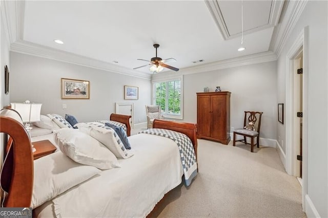 bedroom featuring light colored carpet, attic access, baseboards, and ornamental molding