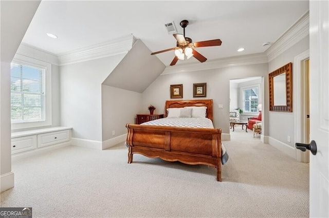 bedroom featuring recessed lighting, carpet, baseboards, visible vents, and crown molding