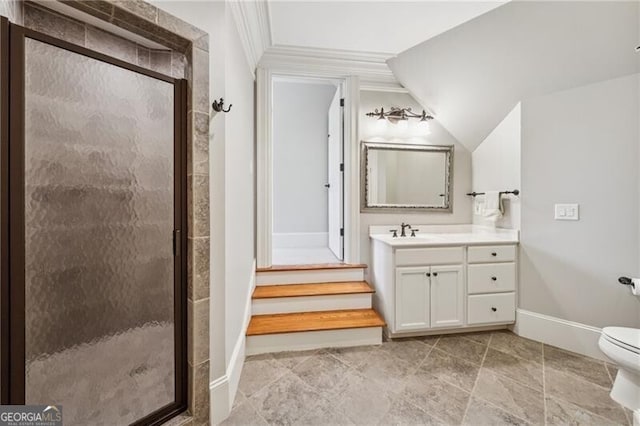 bathroom featuring lofted ceiling, a stall shower, baseboards, toilet, and vanity