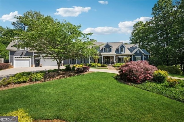new england style home with concrete driveway, a garage, and a front yard