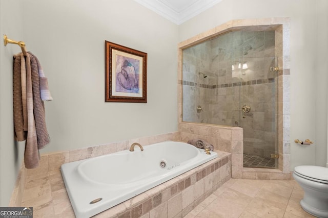 3863 Streamside Dr SE, Marietta, GA 30067 - full bath with toilet, a stall shower, tile patterned floors, a bath, and ornamental molding