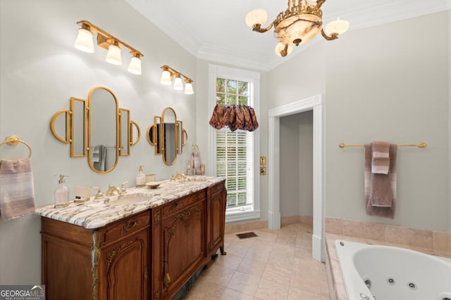 3863 Streamside Dr SE, Marietta, GA 30067 - bathroom featuring ornamental molding, visible vents, a jetted tub, vanity, and a chandelier