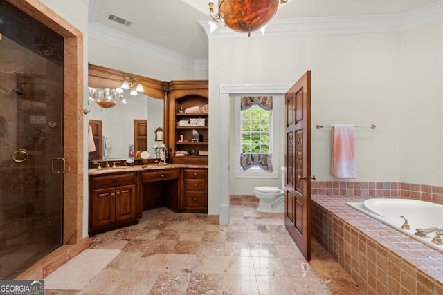 3863 Streamside Dr SE, Marietta, GA 30067 - bathroom featuring a stall shower, visible vents, a bath, vanity, and crown molding