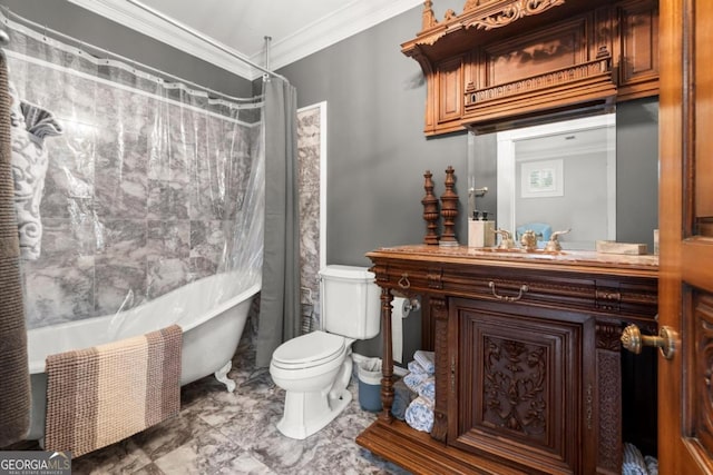 3863 Streamside Dr SE, Marietta, GA 30067 - full bath with toilet, ornamental molding, a shower with shower curtain, vanity, and a bathing tub