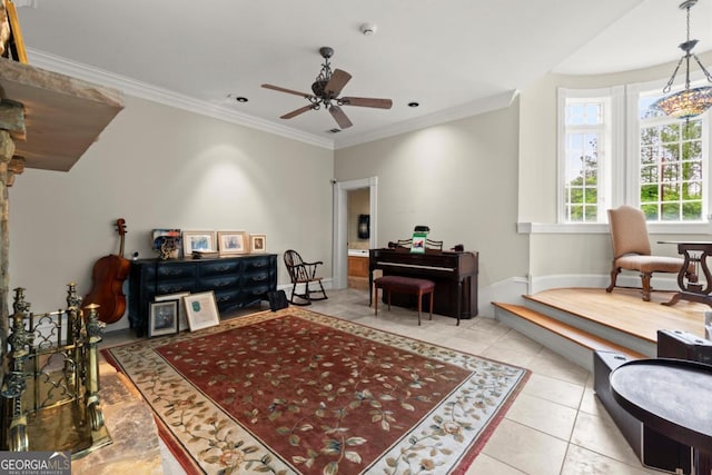 3863 Streamside Dr SE, Marietta, GA 30067 - living area with crown molding, baseboards, and a ceiling fan