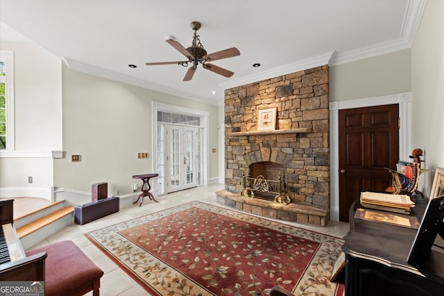 3863 Streamside Dr SE, Marietta, GA 30067 - tiled living area with crown molding, a stone fireplace, baseboards, and a ceiling fan