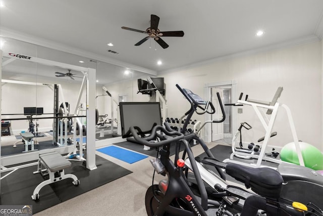 3863 Streamside Dr SE, Marietta, GA 30067 - exercise area with ceiling fan, crown molding, visible vents, and recessed lighting