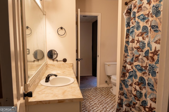 bathroom featuring vanity, toilet, and a shower with curtain