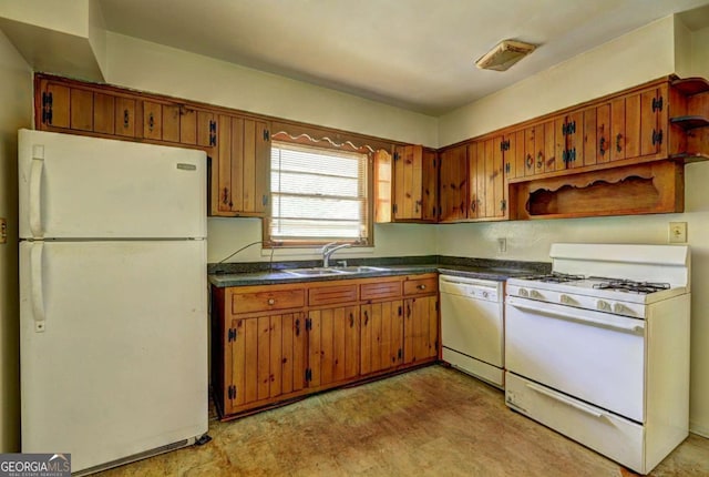 1815 Windsor Dr SW, Atlanta, GA 30311 - kitchen featuring a sink, brown cabinetry, white appliances, and dark countertops