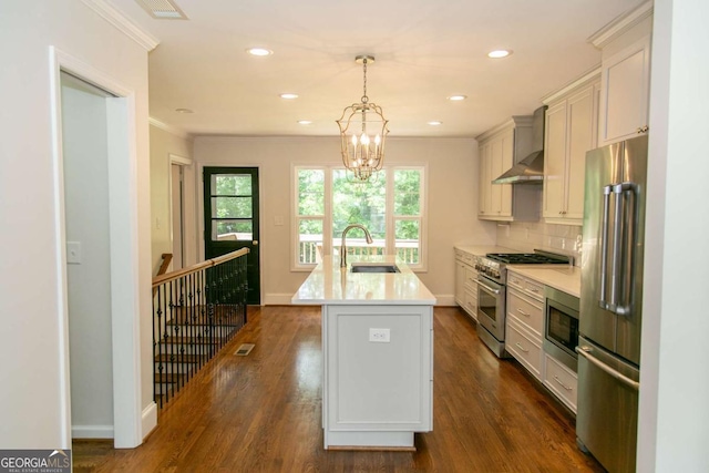 1468 N Amanda Cir, Atlanta, GA 30329 - kitchen featuring a notable chandelier, a sink, high quality appliances, wall chimney range hood, and light countertops