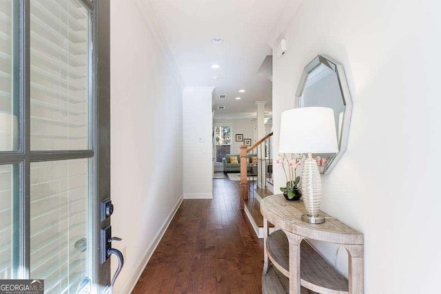 hall featuring stairway, recessed lighting, baseboards, and wood finished floors