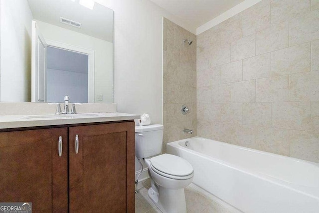bathroom with toilet, bathing tub / shower combination, visible vents, tile patterned flooring, and vanity