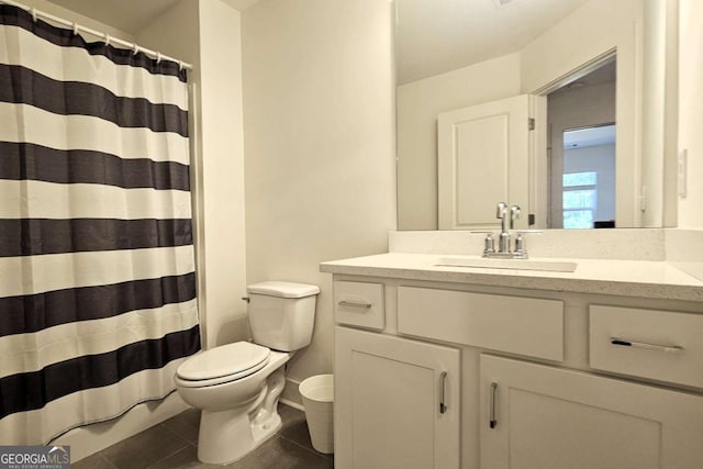 full bath with tile patterned floors, toilet, a shower with shower curtain, and vanity