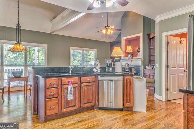 kitchen with stainless steel dishwasher, a sink, ceiling fan, brown cabinets, and light wood-style floors