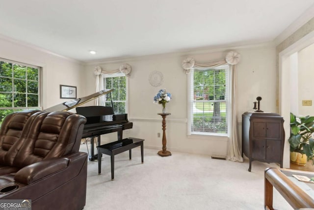 sitting room with light carpet and ornamental molding