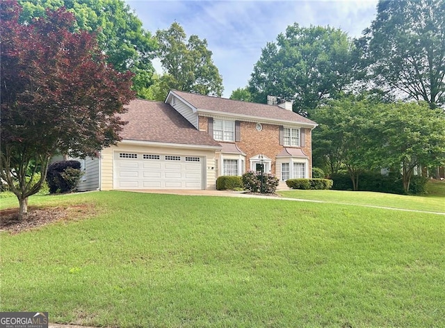 colonial-style house featuring an attached garage, a front yard, a chimney, and driveway