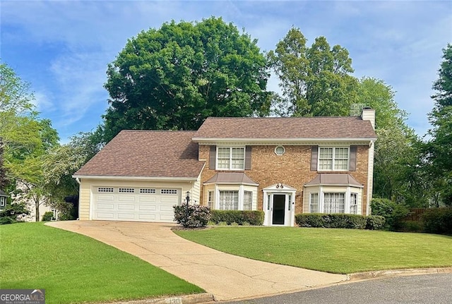 colonial-style house featuring a chimney, a front lawn, driveway, and an attached garage