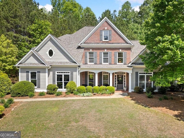 295 River Laurel Way, Woodstock, GA 30188 - craftsman-style home with covered porch, a front lawn, and brick siding