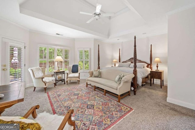 295 River Laurel Way, Woodstock, GA 30188 - carpeted bedroom featuring ornamental molding, a raised ceiling, baseboards, and access to exterior
