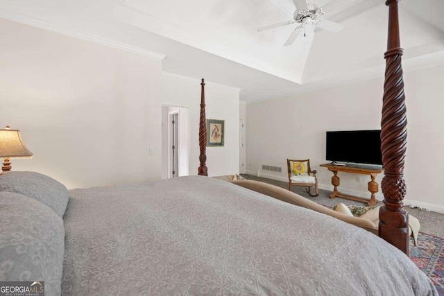 295 River Laurel Way, Woodstock, GA 30188 - bedroom with carpet flooring, visible vents, ceiling fan, vaulted ceiling, and ornamental molding