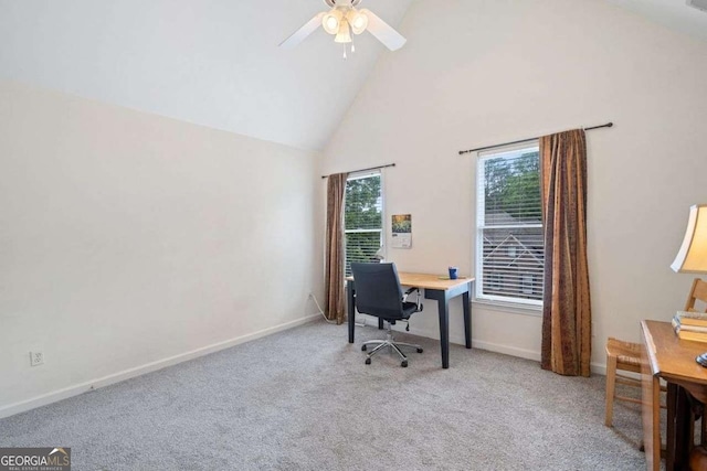 295 River Laurel Way, Woodstock, GA 30188 - carpeted home office with baseboards, high vaulted ceiling, and a ceiling fan