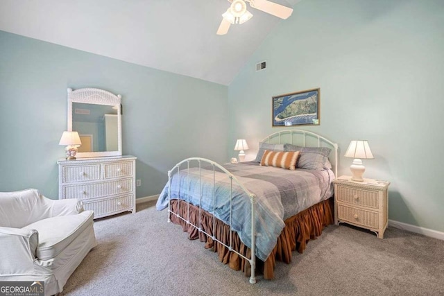 295 River Laurel Way, Woodstock, GA 30188 - carpeted bedroom with baseboards, ceiling fan, visible vents, and high vaulted ceiling
